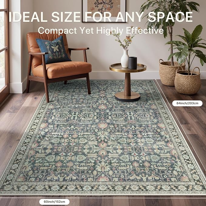 Bavni 2x7 Rug Runners for Hallways, Washable Runner Rug Non Slip,Vintage Floral Print Style Rugs for Bedroom-Lightweight Low Pile Carpet for Hallways Bathroom, Green/Blue