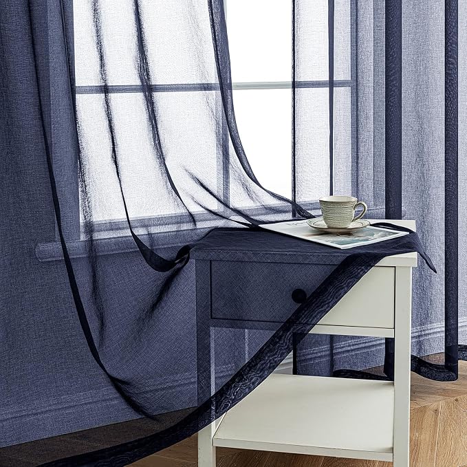 MIULEE 2 Panels Navy Dark Blue Sheer Window Curtains Elegant Grommet Top Window Voile Drapes/Treatment Linen Textured Panels for Bedroom Living Room (54X72 Inches)