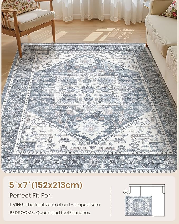 5x7 Vintage Area Rug: Washable Neutral Soft Non Slip Thin Large Floor Carpet for Living Room Bedroom Kitchen Dining Room Home Office Farmhouse Indoor - Blue