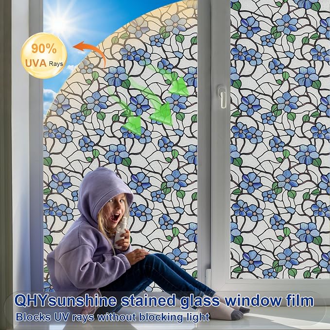 QHY Sunshine Privacy Window Film with Installation Tool Decorative Stained Glass Window Stickers Reusable Window Film (Indigo Frosted, 17.5 x157.4)