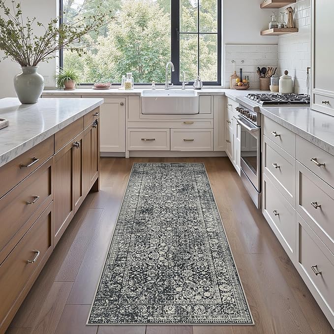 Bavni 2.6x10 Rug Runners for Hallways, Washable Runner Rug Non Slip,Vintage Floral Print Style Rugs for Bedroom-Lightweight Low Pile Carpet for Hallways Bathroom, Black Floral