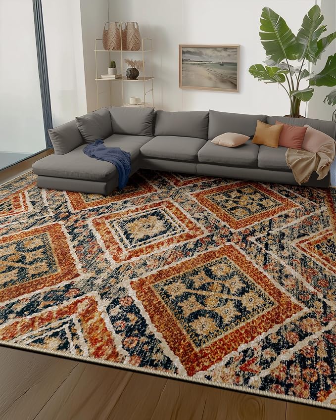 BESTSWEETIE Area Rug 9x12 Rug Machine Washable Non-Slip Low Pile Print Pattern Western Rug for Living Room Bedroom Entryway Tribal Series -Orange/Brown