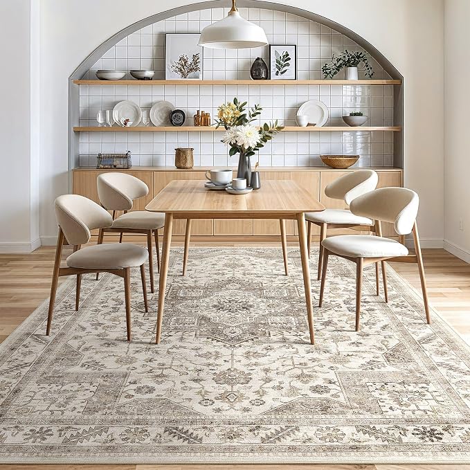 Vintage Living Room Area Rug 10x14 - Large Soft Washable Oriental Traditional Distressed Farmhouse Rugs for Bedroom - Indoor Floor Accent Carpet for Home Office House Decor - Light Brown