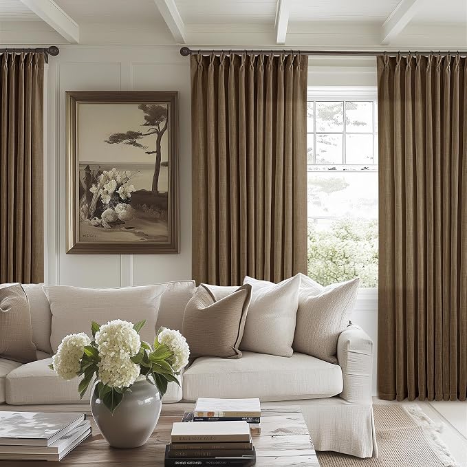 Extra Wide 84 Inch Long Curtains 70 Inch Wide Pinch Pleat Linen Curtains for Living Room Bedroom Light Filtering Privacy Pleated Drapes Hooks Rings Back Tab for Sliding Door Dutch Cocoa 1 Panel