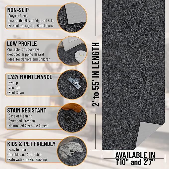 Ottomanson 1'10" x 53' Ultra-Thin Hallway Runner Rug - Durable Non-Slip Carpet for High-Traffic Areas - Fits Under Doors for Seamless Entry - Ideal for Kitchen, Entryway, Bedroom & Living Room, Black
