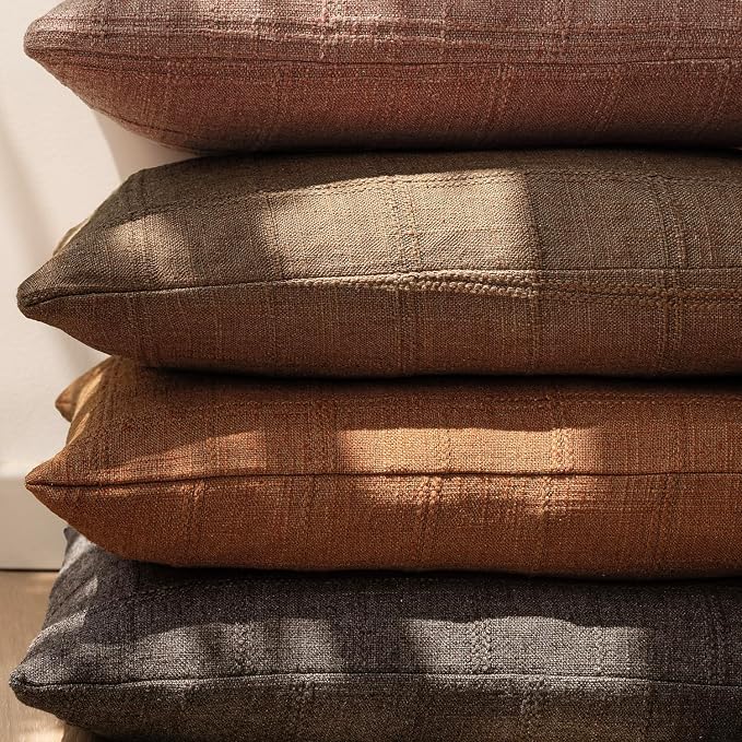 Foindtower Set of 2 Decorative Linen Check Throw Pillow Covers Neutral Farmhouse Vintage Cushion Covers Modern Boho Home Decor for Sofa Chair Couch Bedroom Living Room,22×22 Inch,Orange
