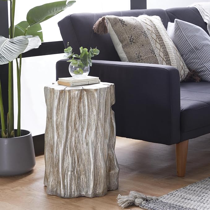 Deco 79 Fiberglass Side End Accent Table Tree Trunk End Table, Side Table 13" x 13" x 19", Silver