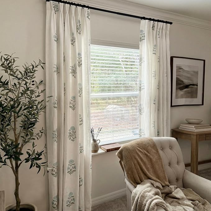 Pinch Pleated Floral Linen Curtains 96 Inch Long 2 Panel Set, Vintage Block Print Blue and Green Patterned Light Filtering Sheer Drapes, Farmhouse Cottage Core Window Curtain for Living Room Bedroom
