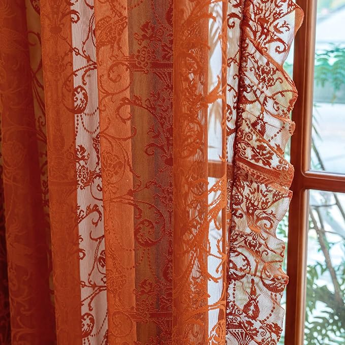 TUDECO Lace Orange Curtains for Living Room 108 Inches Long - Cottage Core Floral Sheer Long Rust Colored Curtains 2 Panels, Rod Pocket Privacy Orange Bedroom Decor, 59W x 108L Inch