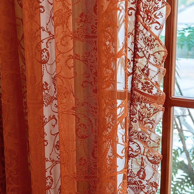 TUDECO Sheer Terracotta Curtains 96 Inches Long - Luxury Embroidered Floral Frilly Ruffle Curtains for Dining Room, Stunning Light Filtering Rod Pocket Thanksgiving Burnt Orange Decor, 59 x 96 Inch