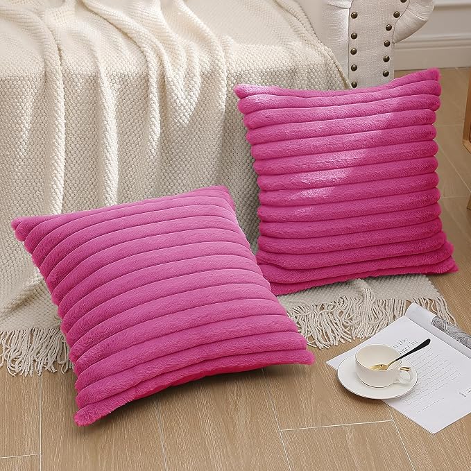 Pallene Faux Fur Plush Throw Pillow Covers 18x18 Set of 2, Luxury Soft Fluffy Striped Decorative Pillow Covers for Sofa, Couch, Living Room, Hot Pink