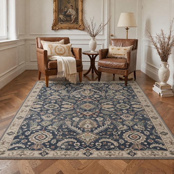 Bavni 2x3 Doormat, Machine Washable Runner Rug Non Slip, Vintage Floral Floral Rugs for Entrance, Lightweight Low Pile Carpet for Hallways Kitchen and Corridor, Muted Navy