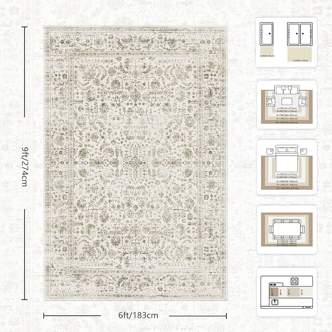 6x9 Area Rugs, Washable Vintage Retro Floral Rug for Living Room, Low Pile Non Slip Distressed Large Carpet for Bedroom, Dining Room, Office, Home (Brown)