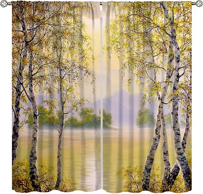 Forest Curtains, Yellow Countryside Nature Foggy Autumn River Birch Forest Falling Leaves Blackout Window Treatments, Thermally Insulated Drapes for Boys Girls Living Room Bedroom 52x96in