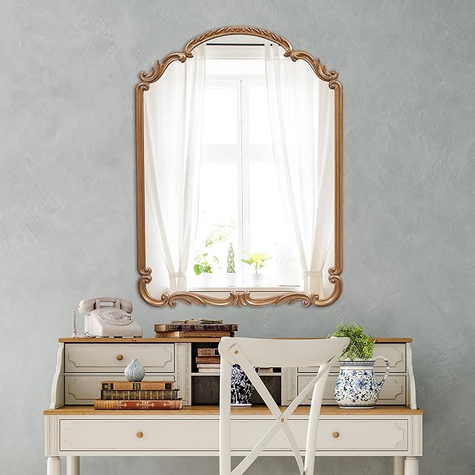 Wylde Iris English Estate Carved Arch Wood Wall Mirror, Mirror for Entryway, Living Room, Bathroom, Antique Gold, 22x30