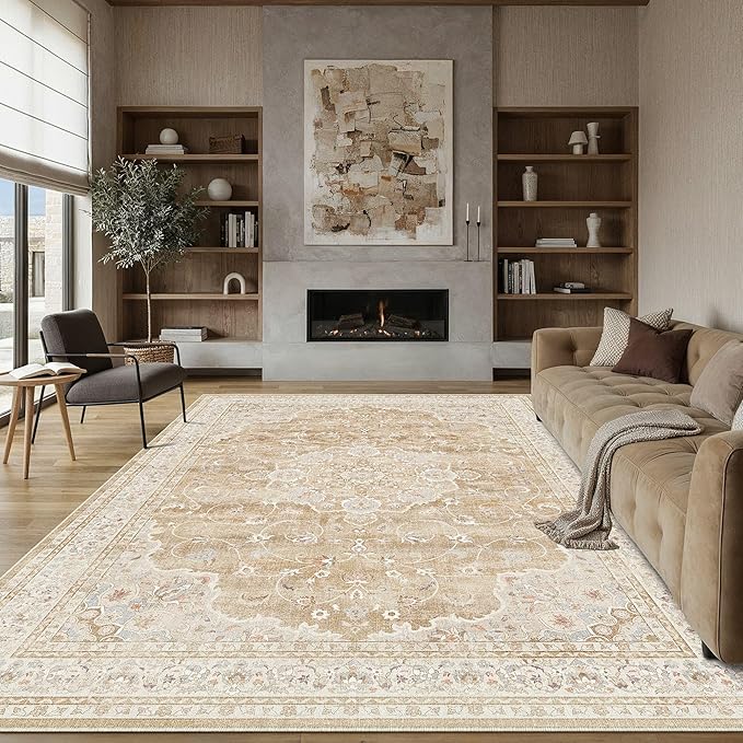 HUGEAR Area Rugs 9x12 Machine Washable Vintage Beige Brown Living Room Bedroom Rug Throw Carpet Non Slip Stain Resistant Low Pile for Home Retro Aesthetic Modern Decor