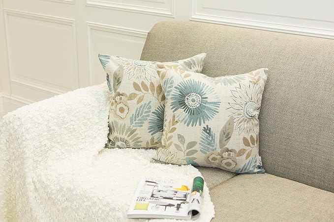 Mika Home Pack of 2 Decorative Throw Pillows Cases Cushion Cover for Sofa Couch Bed,Sunflower Pattern,20x20 Inches,Blue Cream