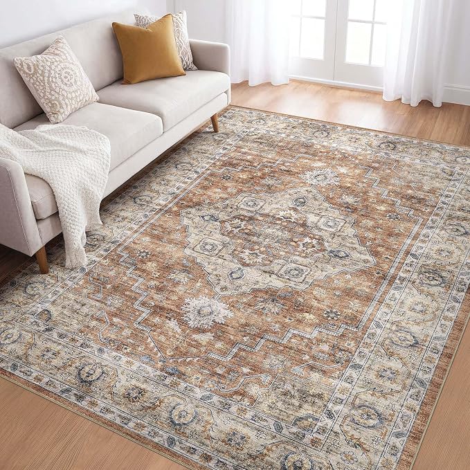 6x8 Area Rug Living Room: Washable Boho Large Neutral Vintage Soft Rug Stain Resistant Farmhouse Non-Slip Indoor Floor Carpet for Bedroom Nursery Kids Playroom Office Dining Room- Terracotta
