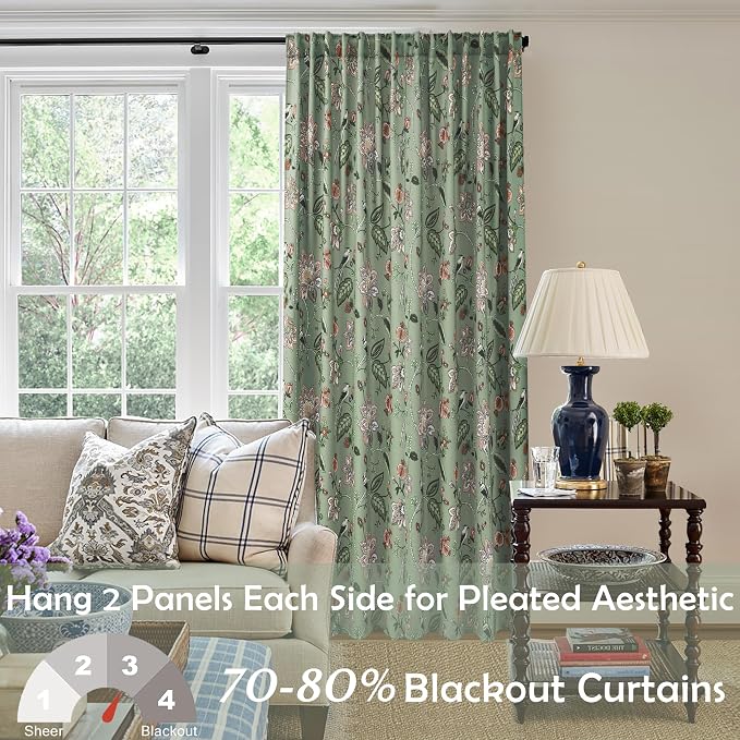 90 Inch Green Floral Pattern Blackout Curtains, Boho Print Pleated Curtains for Living Room Bedroom, 2 Panel Set, 50x90 in Long