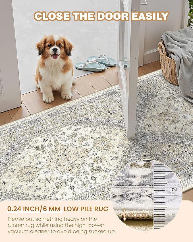 Carpet Runners for Hallway 12ft, Non-Slip Long Bathroom Rugs Runner for Kitchen, Living Room, Bedroom, Soft Vintage Washable Rug for Entryway, Thin Floor Mat for Dining Room(Beige,2.5'x12')