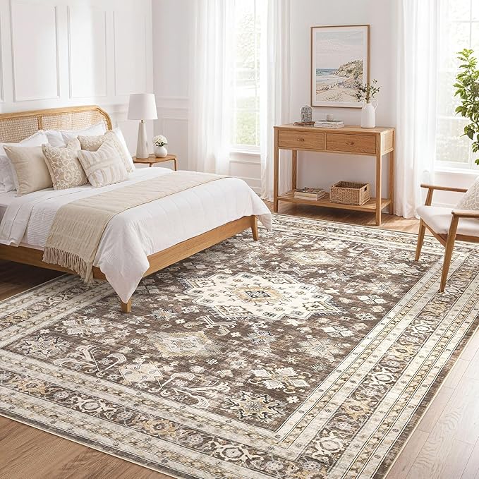 Vintage Living Room Area Rug 10x11 - Large Soft Washable Oriental Traditional Distressed Farmhouse Rugs for Bedroom - Indoor Floor Accent Carpet for Home Office House Decor - Dark Brown