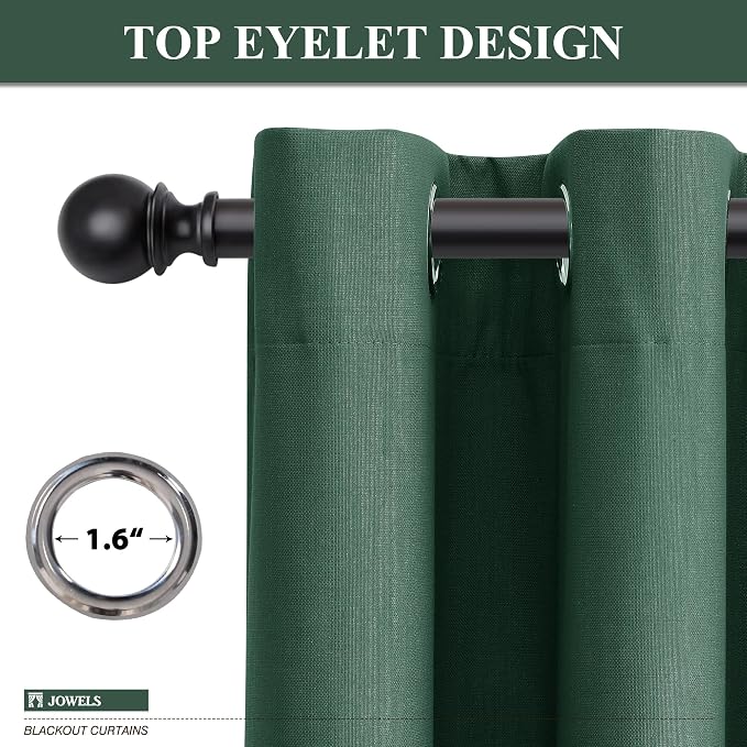 Jowels Green Linen Blackout Curtains 84 Length 2 Panels Set for Living Room Bedroom, 100% Black Out Thermal Insulated Linen Drapes, Room Darkening Grommet Curtains 84 Inches Long, Green