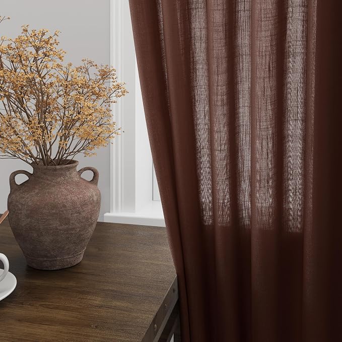 Extra Long Rustic Brown Linen Curtains 120 Inch for Living Room 2 Panels Set Rod Pocket Back Tab Light Filtering Semi Sheer Linen Window Drapes Privacy High Ceiling Drapes for Farmhouse 52x120