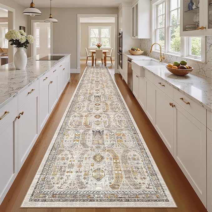 Madane Hallway Runner Rug 2'6''x14' Kitchen Runners Vintage, Brown/Gold | Long Non-Slip Washable Rugs 14ft for Entryway Laundry and Bedroom, Stain-Resistant Low-Pile 2.5x14 Ft Floor Carpet