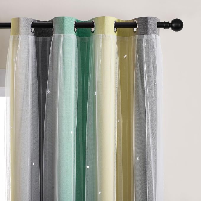 XiDi Yellow & Rainbow Curtains for Kids & Girls Room - Blackout, Grey & Green 52x72 Inch Long with Unicorn Wall Decals
