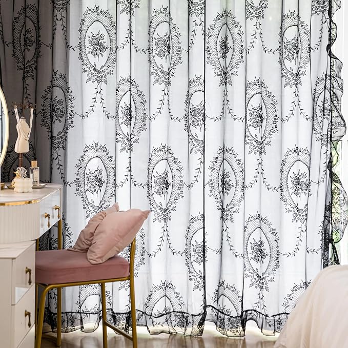 Sutuo Home Black Lace Curtains 84 Inches Long for Bedroom Living Room 2 Panels, Sheer Set Rose Floral Embroidery Ruffled Vintage Window Treatment Pair Gothic Halloween Decor, Rod Pocket, W57 x L84