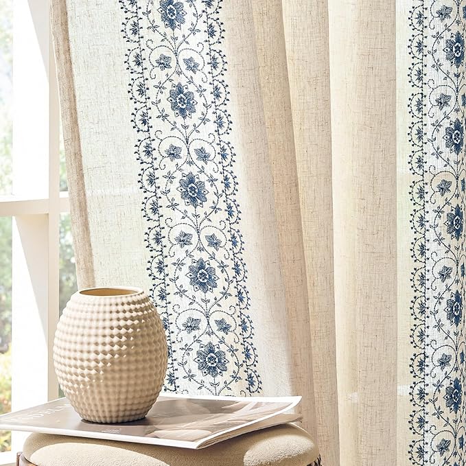 jinchan Weslie Boho Curtains for Bedroom Blue Vintage Floral Farmhouse Curtains 63 Inch Length Linen Drapes for Living Room Embroidered Light Filtering Drapes Rod Pocket Blue on Beige 2 Panels