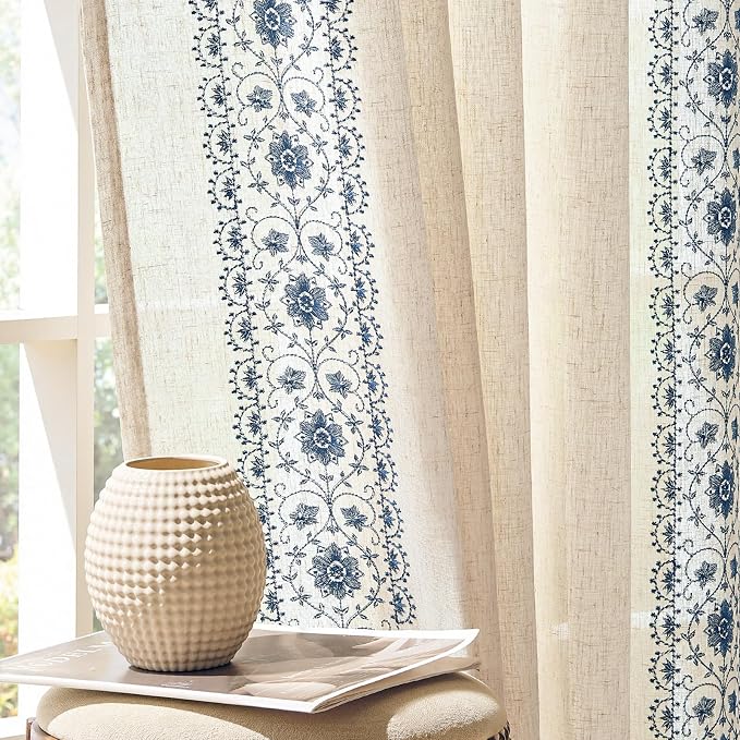 jinchan Weslie Boho Curtains for Bedroom Blue Vintage Floral Farmhouse Curtains 96 Inches Long Linen Drapes for Living Room Embroidered Light Filtering Drapes Rod Pocket Blue on Beige 2 Panels