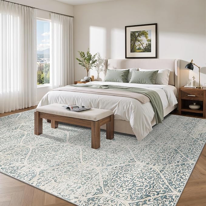 Soalmost 9x12 Area Rugs for Living Room, Moroccan Trellis Washable Soft Rug | Stain Resistant Non-Slip Low Pile Natural Large Carpet for Dining Room Bedroom Home Office Nursery Teal Blue, 9'x12'