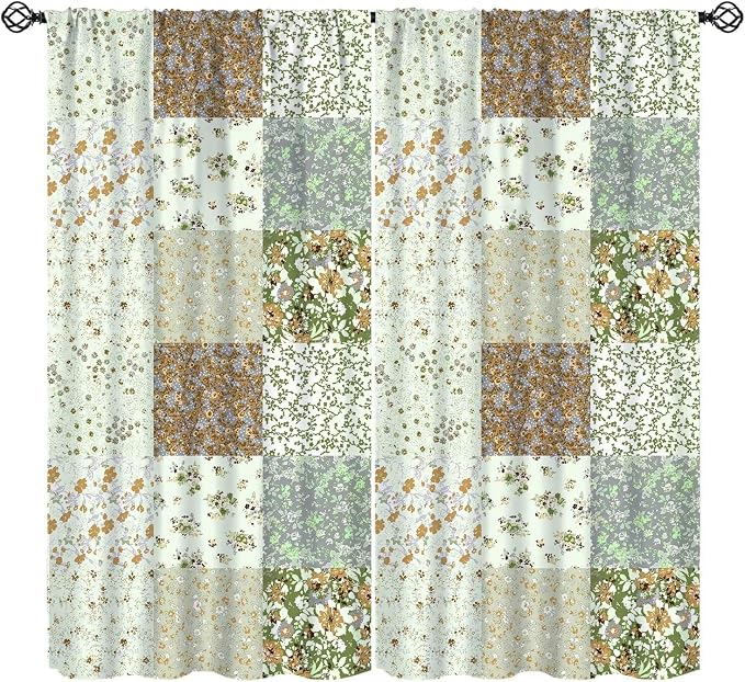 Boho Flower Patchwork Blackout Curtains Farmhouse Patchwork Quilted Country Check Print Window Drapes for Bedroom Living Room Kitchen Cafe （W27.5xL63 Inch） x2 Panels
