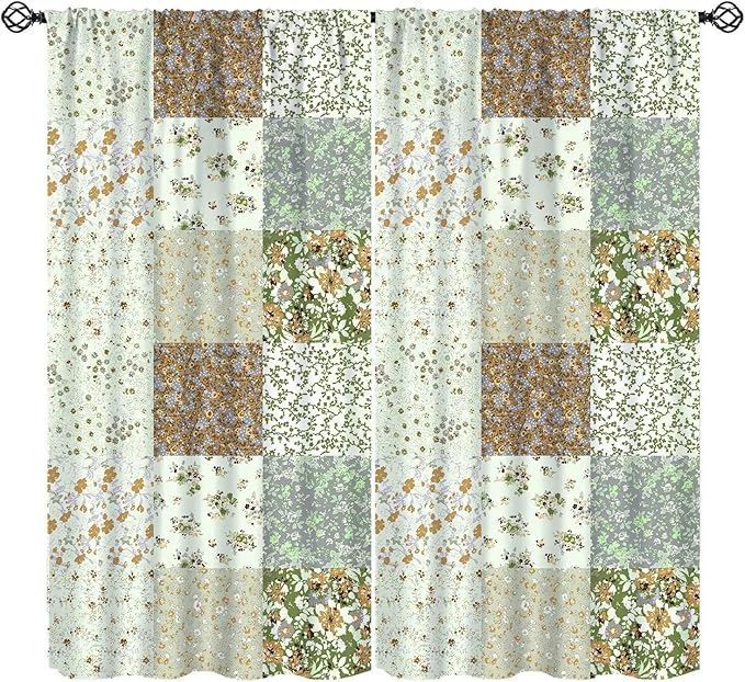 Boho Flower Patchwork Blackout Curtains Farmhouse Patchwork Quilted Country Check Print Window Drapes for Bedroom Living Room Kitchen Cafe （W21xL54 Inch） x2 Panels