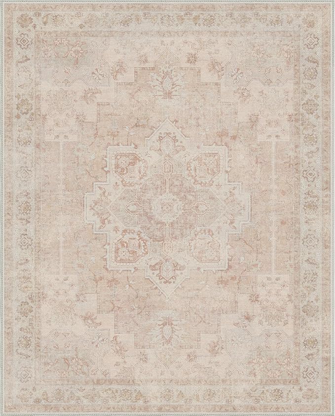GENIMO 9x12 Area Rugs for Living Room, Machine Washable Rug, Non Slip Indoor Vintage Rug, Low Pile Lightweight Print Carpet for Bedroom Dining Room Home Office, Light Pink