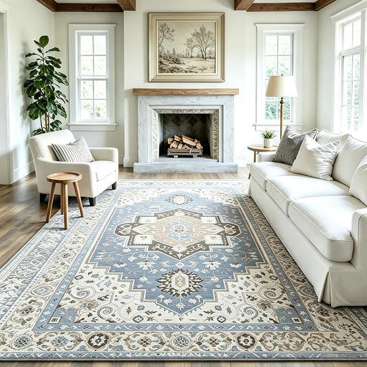 3x5 Area Rug for Living Room-Vintage Farmhouse Boho Floral Washable Stain Resistant Indoor Carpet for Bedroom Office and Home Decor(Floral Blue)
