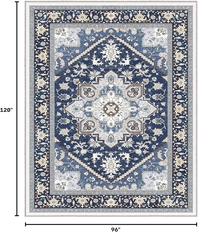 OPPODREAM Soft 8x10 Area Rugs for Living Room, Washable 8x10 Rugs for Bedroom with Non Slip Backing, Faux Cashmere Low-Pile 8 x 10 Carpet, Navy Blue & Gold