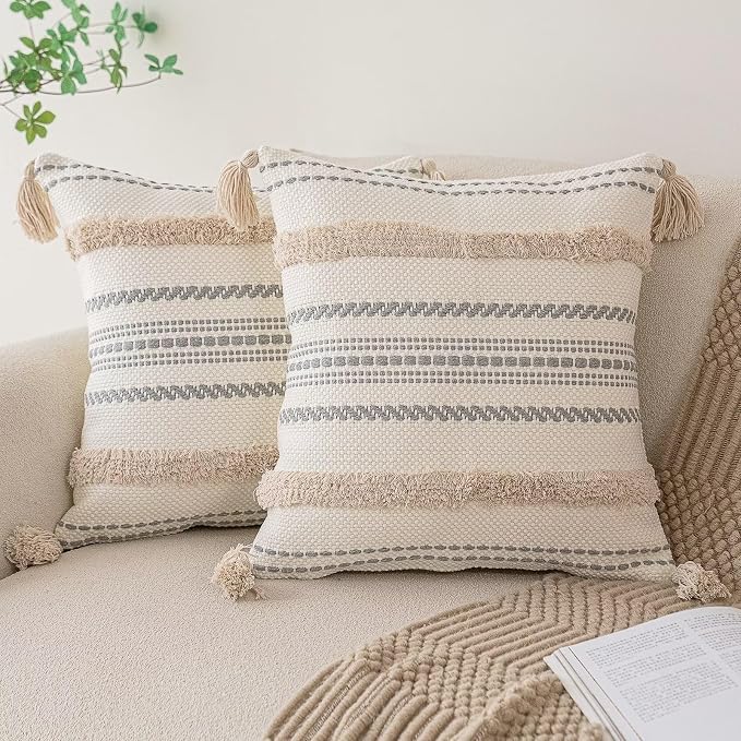 Boho Throw Pillow Covers 20x20 Set of 2 Woven Tufted Farmhouse Pillows Cover with Tassels Textured Striped Cushion Case Neutral Pillow Cases Decorative Pillowcase for Sofa, Couch, Bed, Khaki
