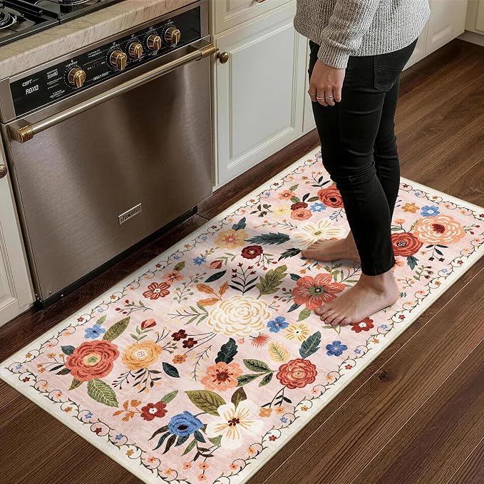 2x4 Washable Runner Rug Kitchen Hallway Area Rug Vintage Boho Floral Ultra Non-Slip Low Pile Soft Faux Wool Carpet Kids and Pets Friendly for Bathroom Bedroom Entryway Nursery Home Rug Beige Pink
