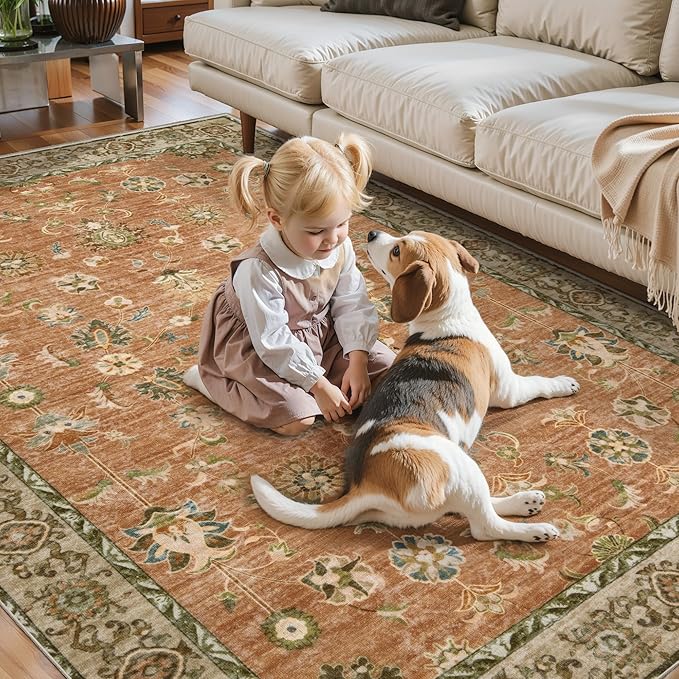 Tangsoo Floral Small Rug 2x3 Washable Rug for Entryways Vintage Non-Slip Area Rugs Terracotta Entry Rugs Distressed Floor Carpet Soft Low Pile Door Mat for Entrance Bedroom Kitchen Foyer Decor