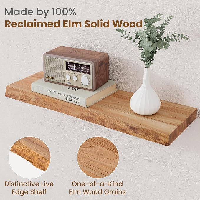 Floating Shelves for Wall Decor, Rustic Solid Elm Wood Live Edge Floating Shelves Wall Mounted, Wall Shelves with Invisible Bracket for Living Room Bathroom Bedroom Kitchen, 24 Inch Set of 2, Natural