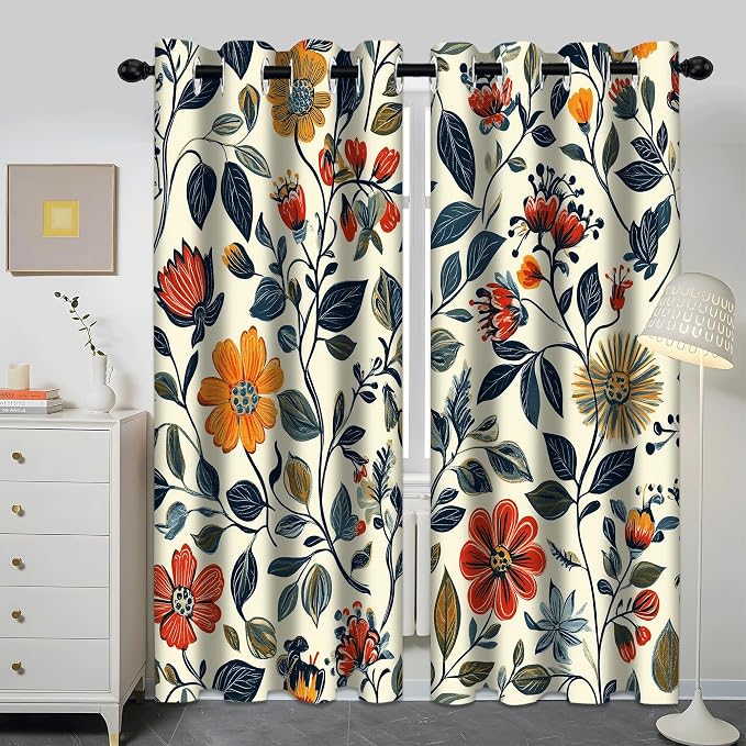 Floral Leaves Blackout Curtain, Red Yellow Boho Flowers Aesthetic Art Window Curtains Darkening Thermal Insulated Grommet Window Drapes for Living Room Bedroom Decor 2 Panels 52x63 Inches