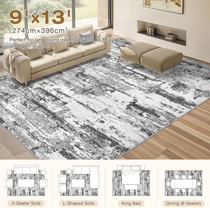 Area Rugs for Living Room: 9x13 Abstract Washable Rug Modern Neutral Large Soft Stain Resistant Non-Slip Backing Machine Table for Bedroom Dining Room Indoor Home Office Carpet - Black Grey