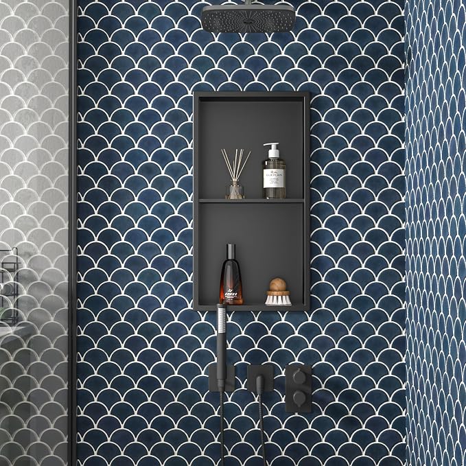 Stainless Steel Shower Niche Matte Black 24" X 12" No Tile Needed | Recessed shower niche with double shelves,space-saving,vertical niche, bathroom niche shower for shampoo & soap storage