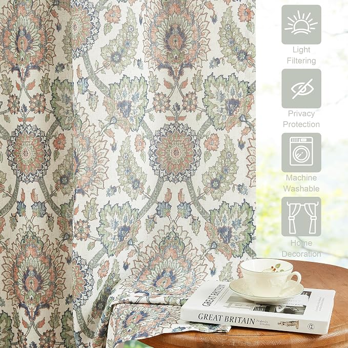 Vision Home Green Damask Floral Pinch Pleated Light Filtering Curtains, Linen Window Drapes with Microfiber Liner & Back Tab Hooks for Living Room Bedroom, Bohemian Medallion Print 40" Wx108 Lx2