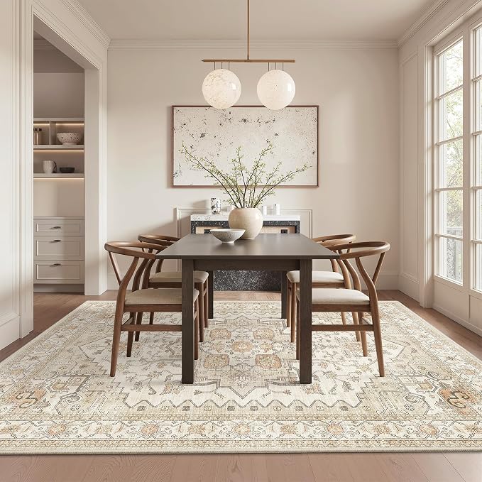 Area Rugs for Living Room - 6x9, Boho Non-Slip Low Pile Carpet Machine Washable Rugs for Bedroom, Farmhouse, Office, Dining Room (Gold)