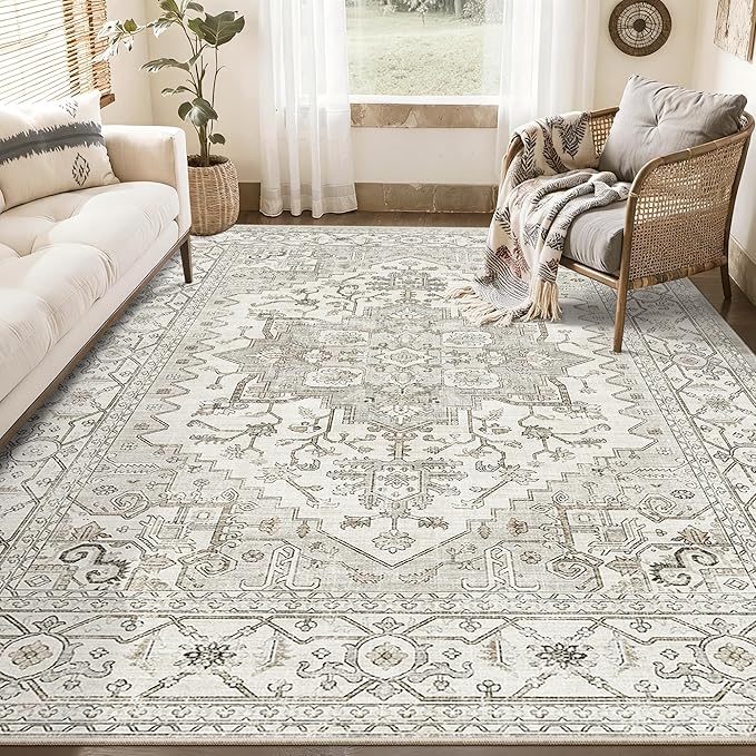 befbee Washable Area Rug 5x7, Area Rugs Stain Resistant Neutral Washable Rugs for Living Room Bedroom Vintage Non-Slip Thin Large Size Area Rug（Beige）
