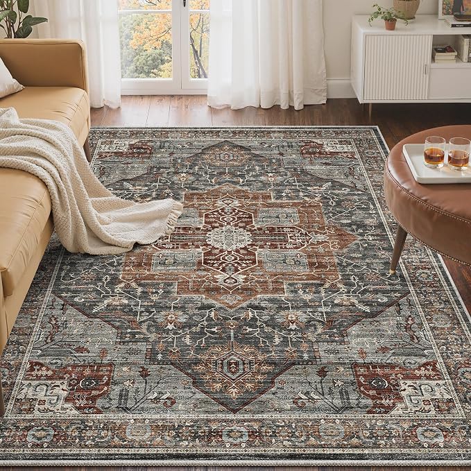 Roxstand 4x6 Area Rug - Washable Dining Room Rug with Non-Slip Backing, Small Rugs for Entryway, Kitchen, Bedroom, Stain Resistant Vintage Rug for Room Decor (Grey/Brown/Tan, 4'x6')