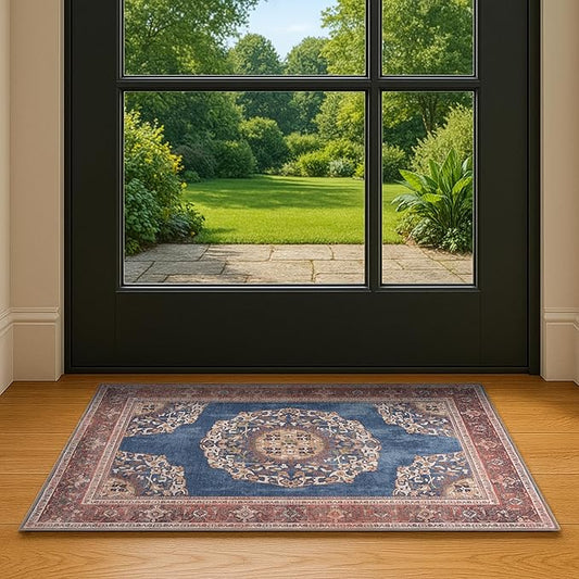 Navy Blue Brick Oushak Area Rug 2'5x5' - Washable Area Rugs, Non-Slip Small Throw, Vintage Turkish Eclectic Pastel, Accent Area Rug for Living Room, Bedroom Kitchen, Bathroom, Kids Room